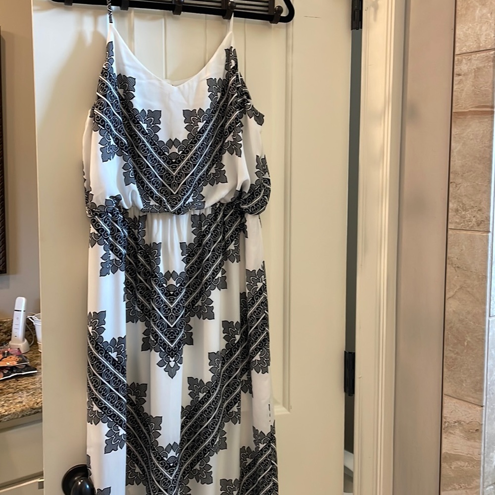 Pink owl lined black and white dress.  Slit up on side.  High waisted- gorgeous